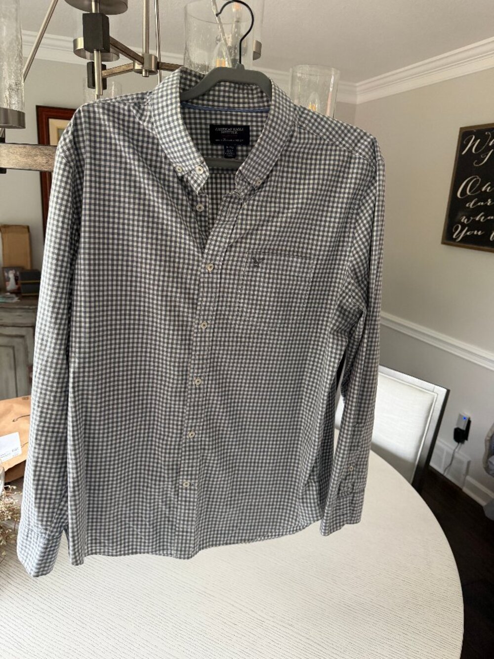 American Eagle Athletic Fit Long Sleeve Button Down Shirt Gray Gingham Men's XL